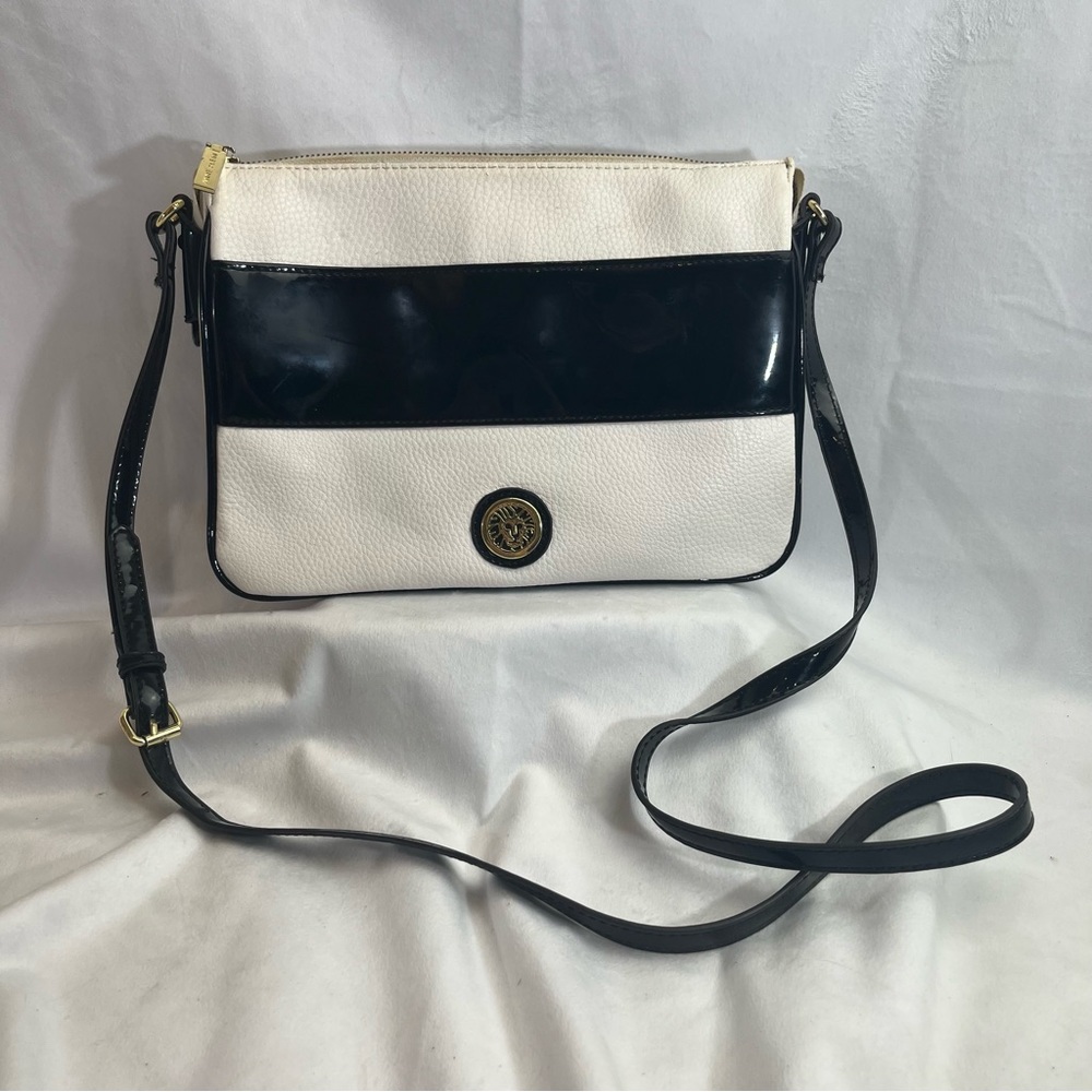 Anne Klein Black Patent and White Faux Leather Crossbody Purse Bag
